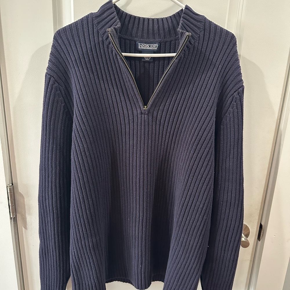 Lands’ End Men’s Ribbed Quarter Zip Sweater | XL | Navy